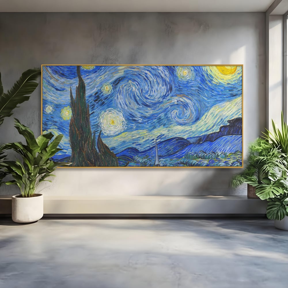 Tablou canvas cu reproducere pictura noapte instelata van gogh, in rama de aluminiu auriu